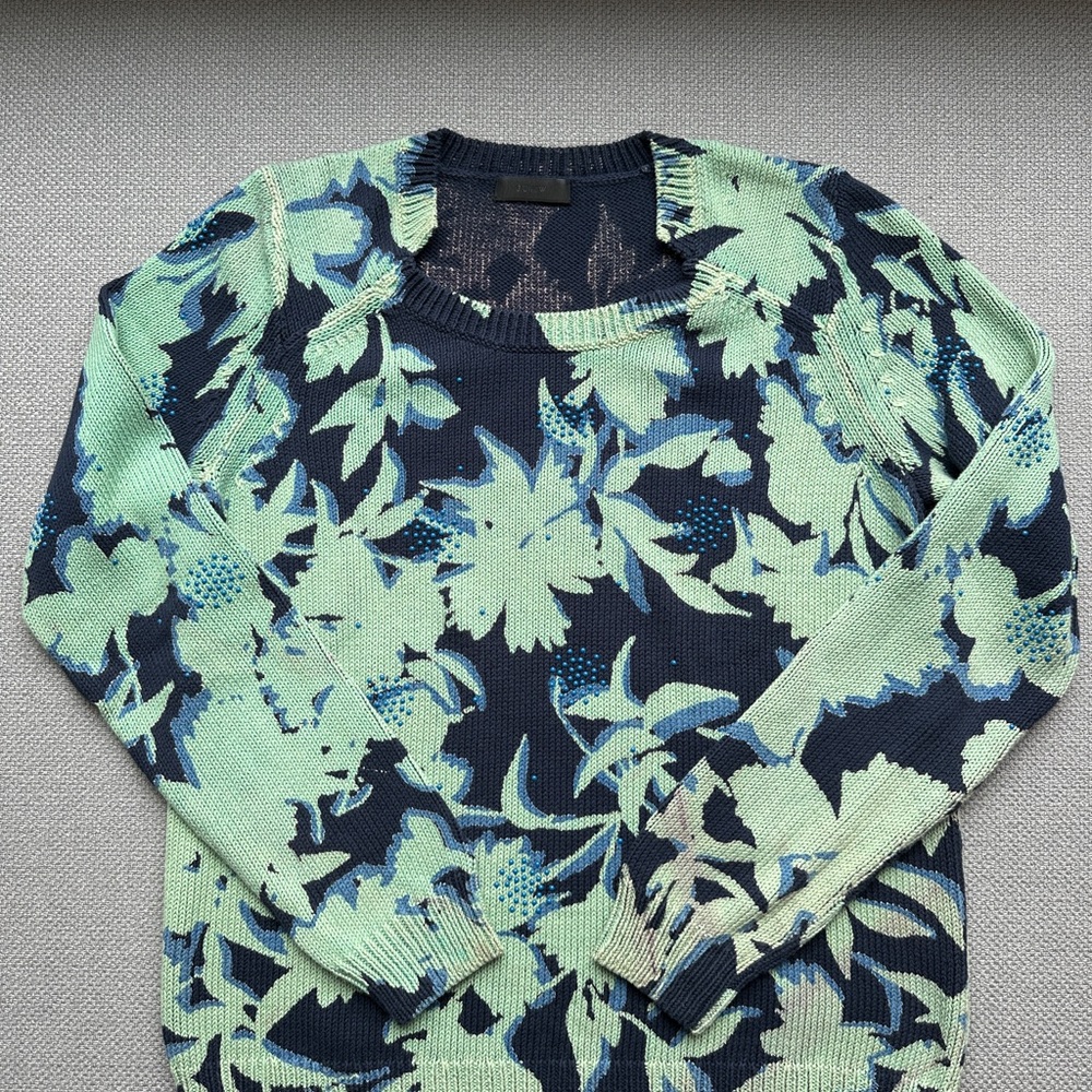 J. Crew Blue and Green Crew Neck Sweater with Bold Floral Design